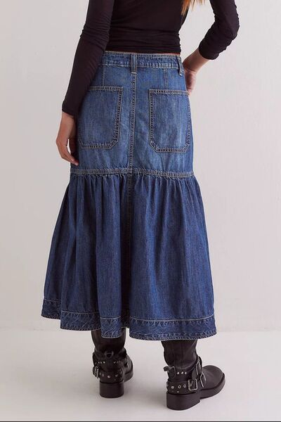 Taupe Oliver MUNSIEUR Bohemian denim midi skirt with flowy style and pockets, shown in a relaxed fit and casual design.