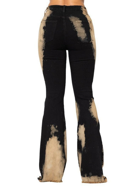 Jade Icarus bleach bum bell bottom pants with a 30-inch inseam, featuring a retro wide-leg style and distressed bleach detailing.