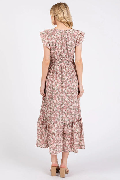 Automotive image showing a Jade Icarus Mittoshop flower print ruffle cap sleeve V-neck midi dress with floral pattern and ruffle details.