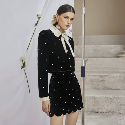 Carmine Juneberry velvet suit skirt and top set for women, featuring a stylish fall younger velvet two-piece ensemble.