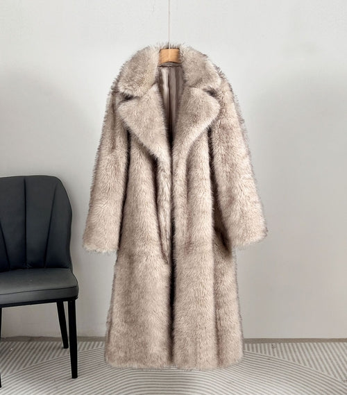 Carmine Juneberry Royal Faux Fur Maxi Coat in plush faux fur with a long, elegant silhouette, perfect for cold weather.