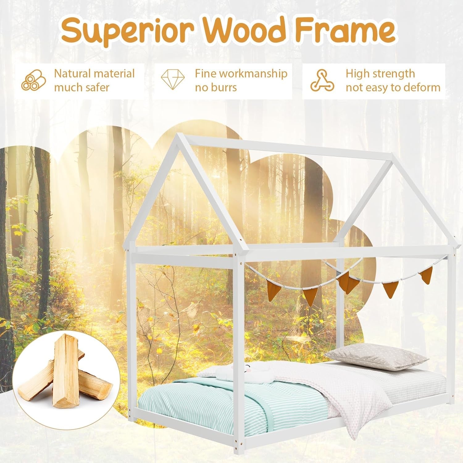 Peach Maple twin house bed frame with roof canopy, Montessori-style kids&