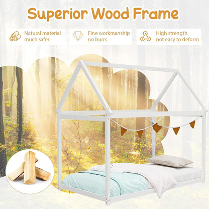 Peach Maple twin house bed frame with roof canopy, Montessori-style kids&