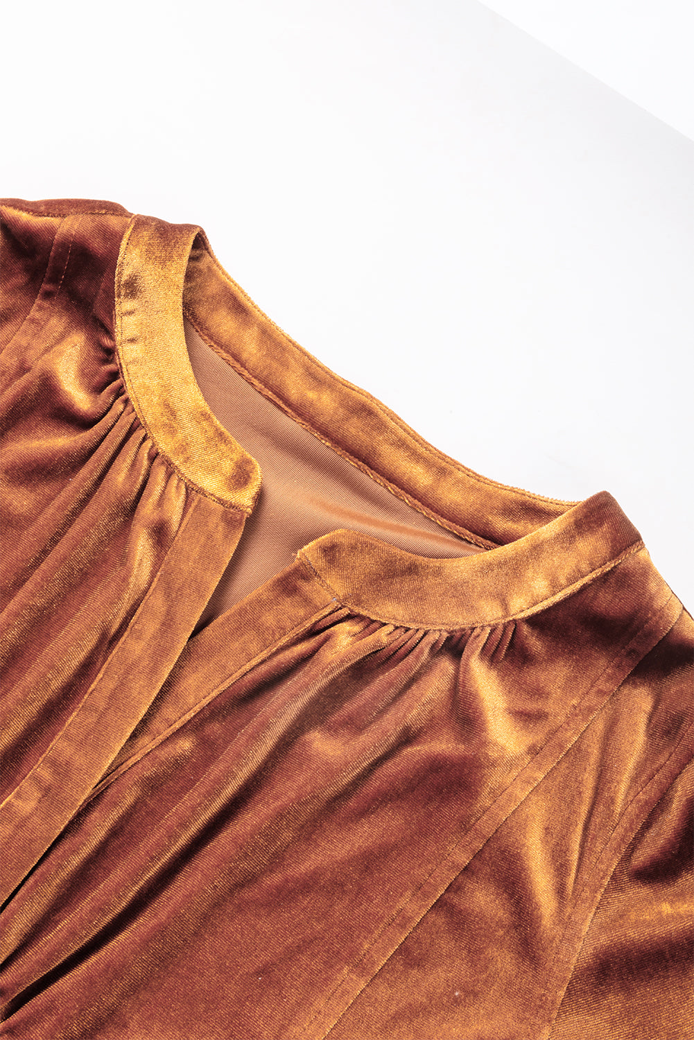 Harlequin Daisy Chestnut Split Neck Velvet Tunic Dress, bath and beauty image showing soft velvet fabric and stylish neckline.