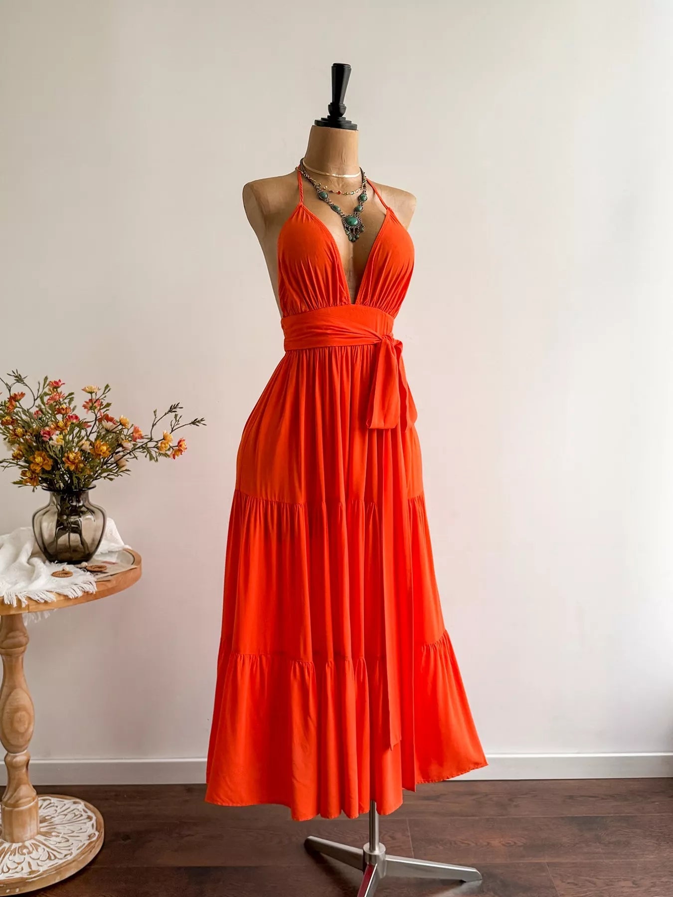 Pear Daisy halter neck tiered dress with ruffled layers, suitable for home and garden casual wear, featuring a flowing, tiered design.