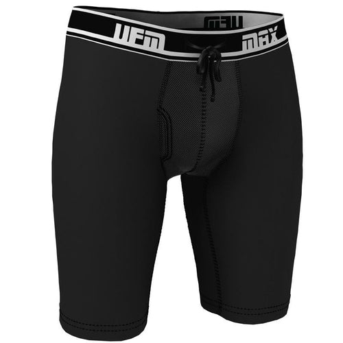 Maroon Mango UFM Long Boxer Brief 9-inch in black polyester with MAX support, designed for men’s underwear comfort and support.