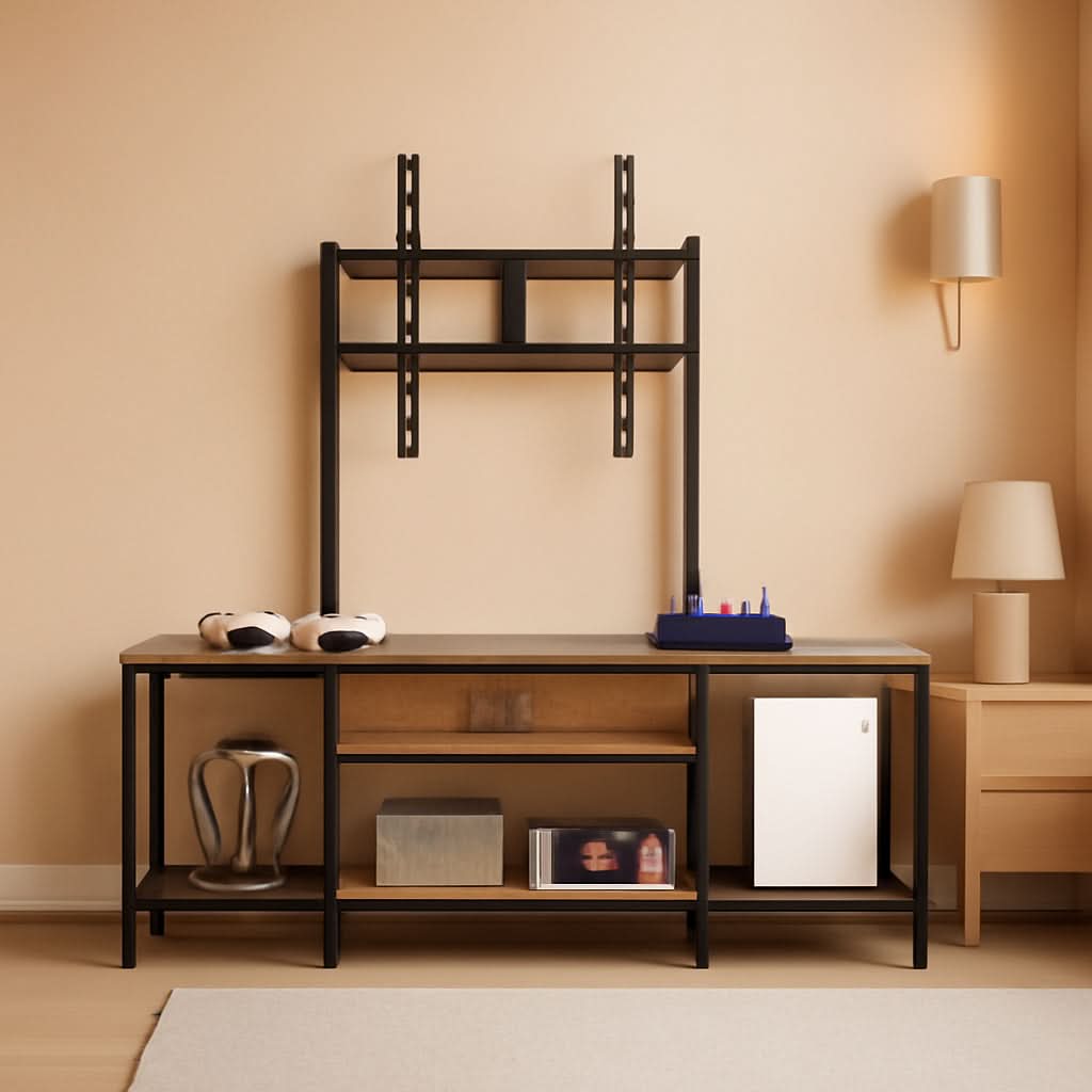 Rustic Brown Adjustable TV Stand Mount Integrated Outlet