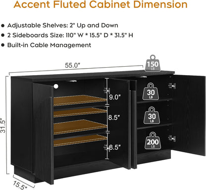 55Inch Black Fluted Mid Century Sideboard Buffet Cabinet