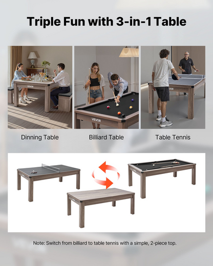 Start2Finish VEVOR 7ft pool table combo set with billiards, ping pong, dining top, benches, and accessories in a family recreation room.