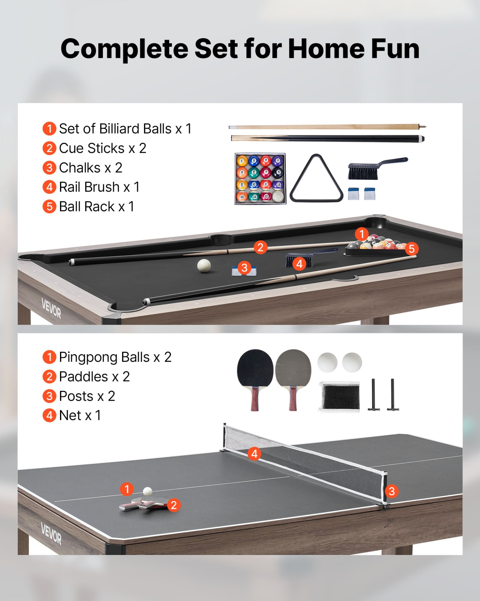 Start2Finish VEVOR 7ft pool table combo set with dining top, ping pong, benches, and accessories for family recreation.