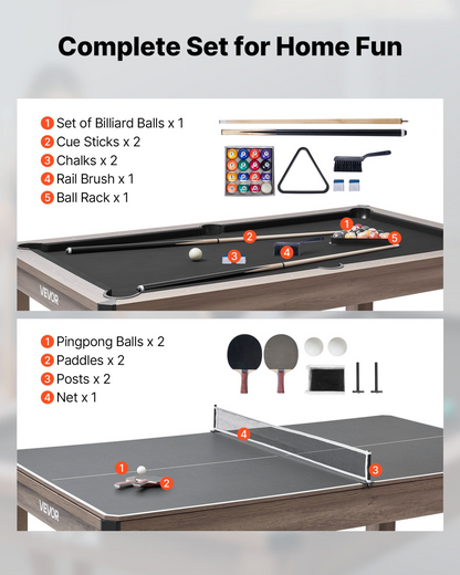 Start2Finish VEVOR 7ft pool table combo set with dining top, ping pong, benches, and accessories for family recreation.