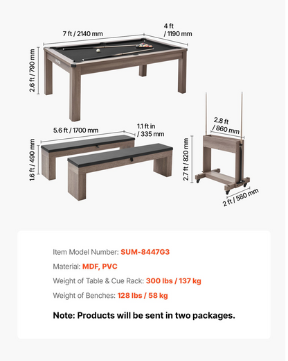 Start2Finish VEVOR 7ft pool table combo with dining top, ping pong, benches, and accessories in a family recreation room.