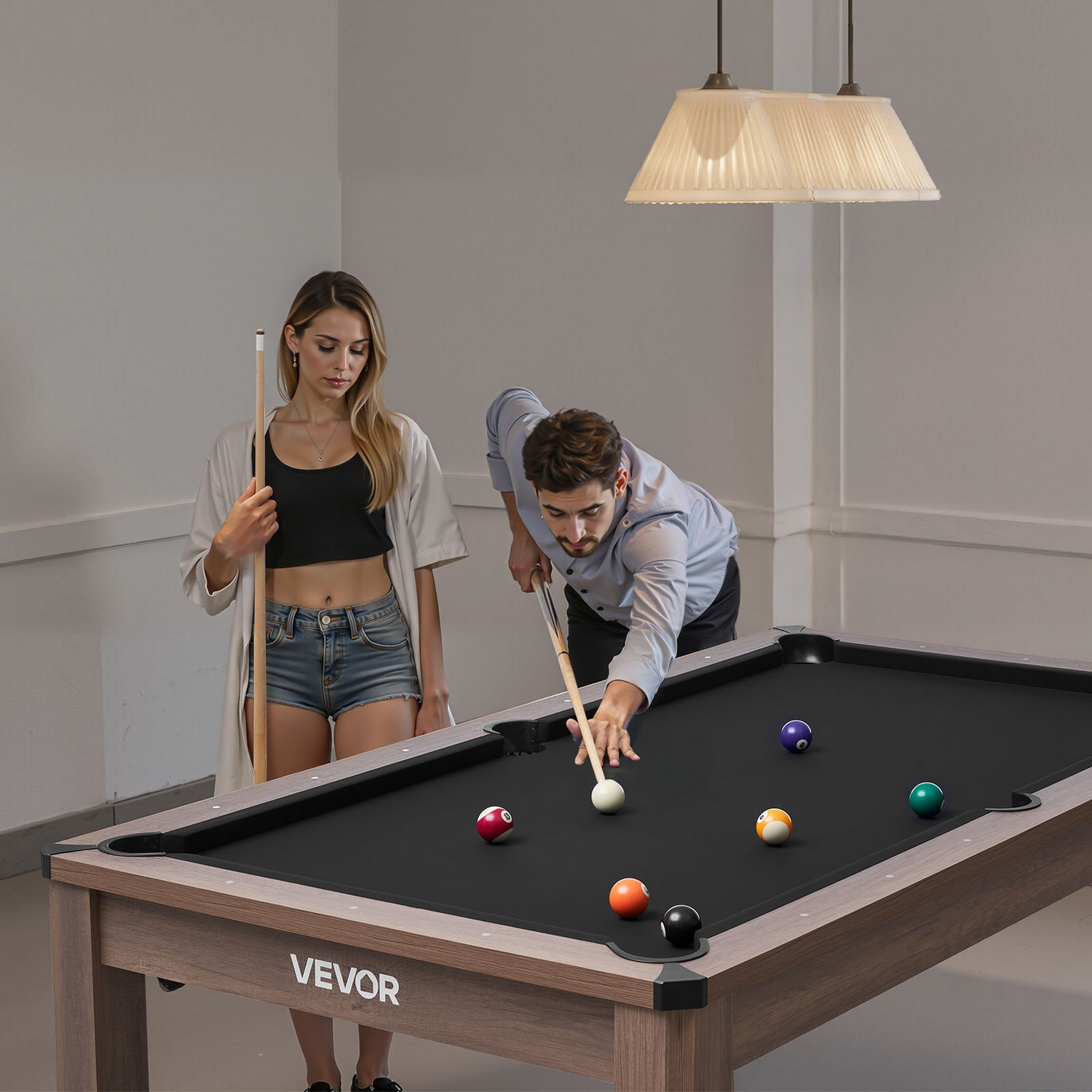 Start2Finish VEVOR 7ft pool table combo set with dining top, ping pong, benches, and accessories in a family recreation room.