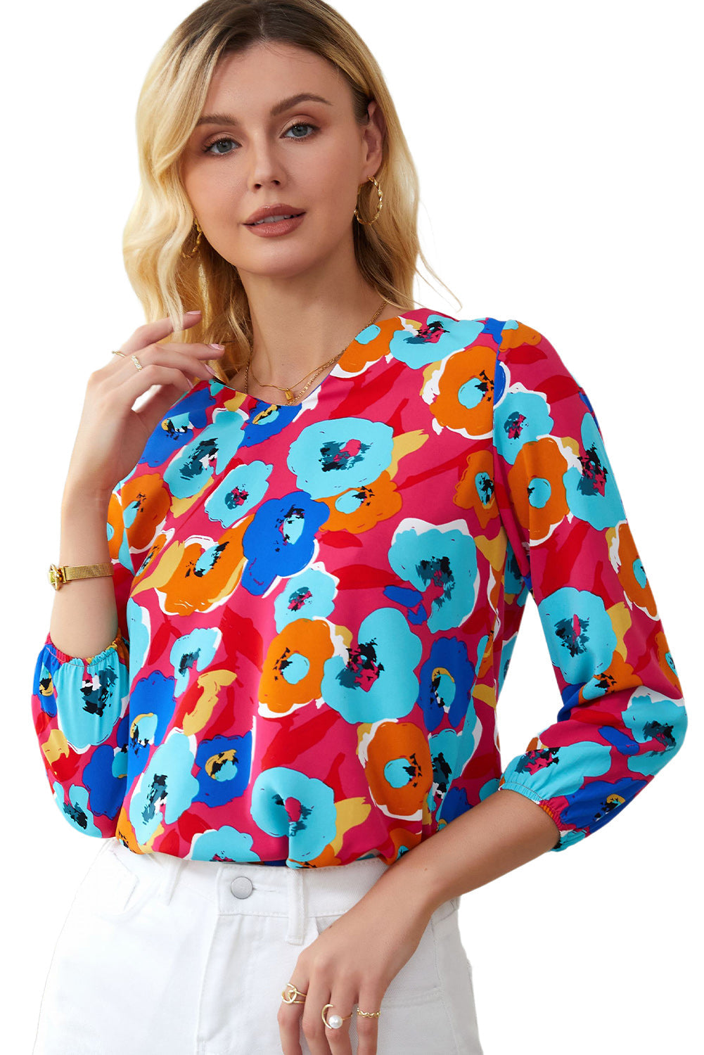 Multicolor floral print V-neck blouse with 3/4 sleeves by Carmine Juneberry, featuring a stylish floral design and comfortable fit.