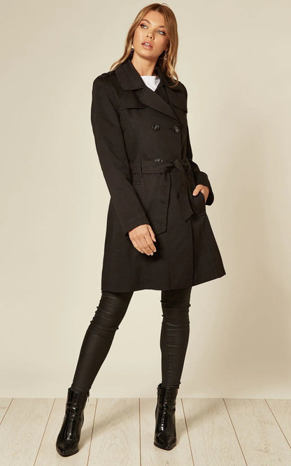 Black Rose Eleusis military-style double-breasted trench coat for spring and summer, featuring classic design and durable fabric.