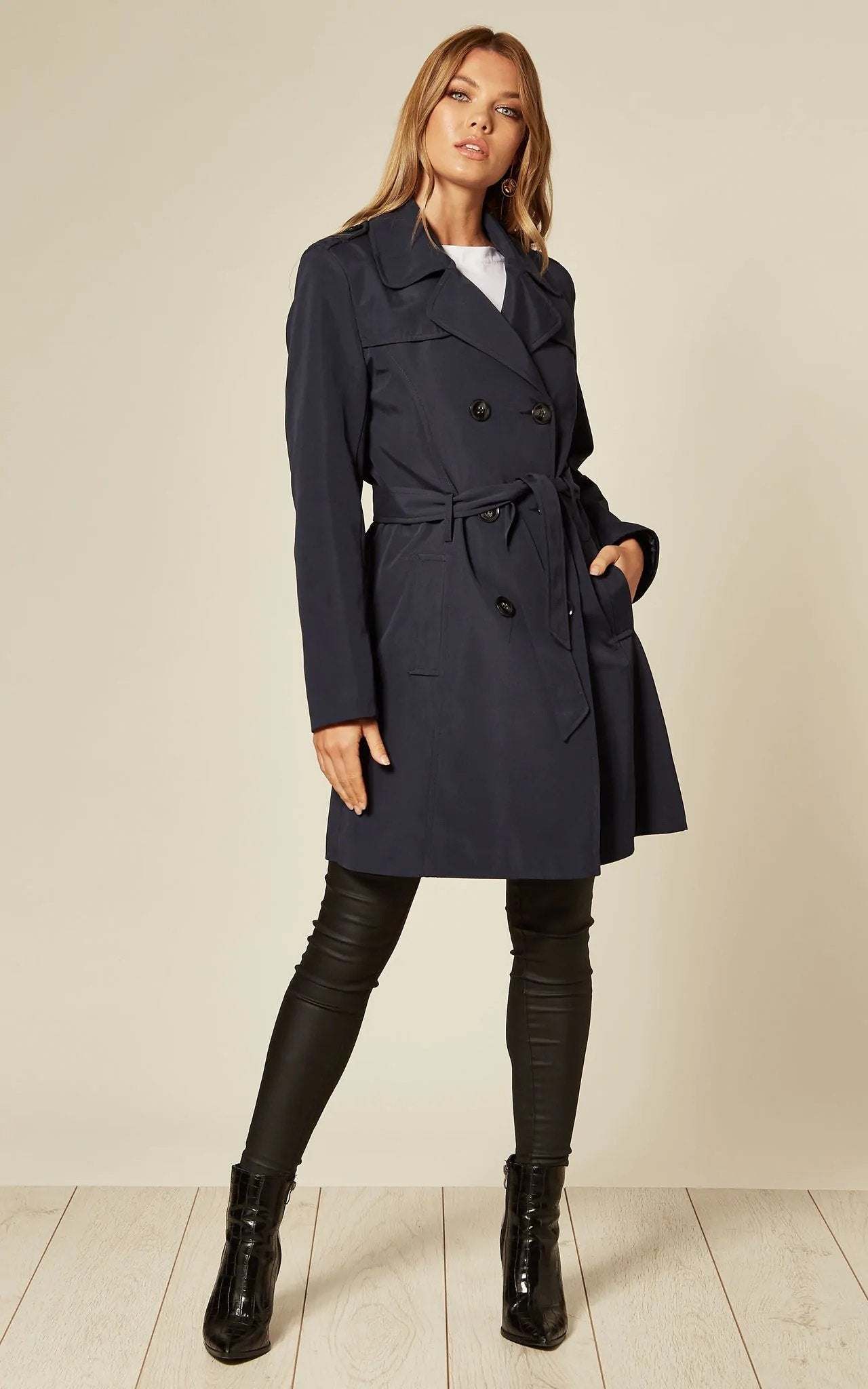 Navy Spring/Summer military double-breasted trench coat by Rose Eleusis, stylish jackets and coats for women.