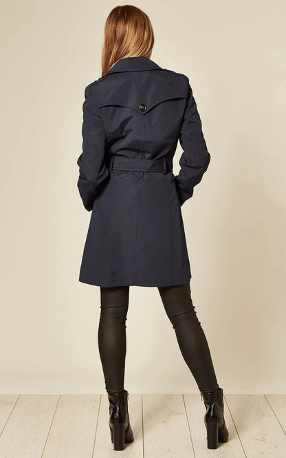 Navy spring/summer military double-breasted trench coat by Rose Eleusis, stylish jacket with classic design and button details.