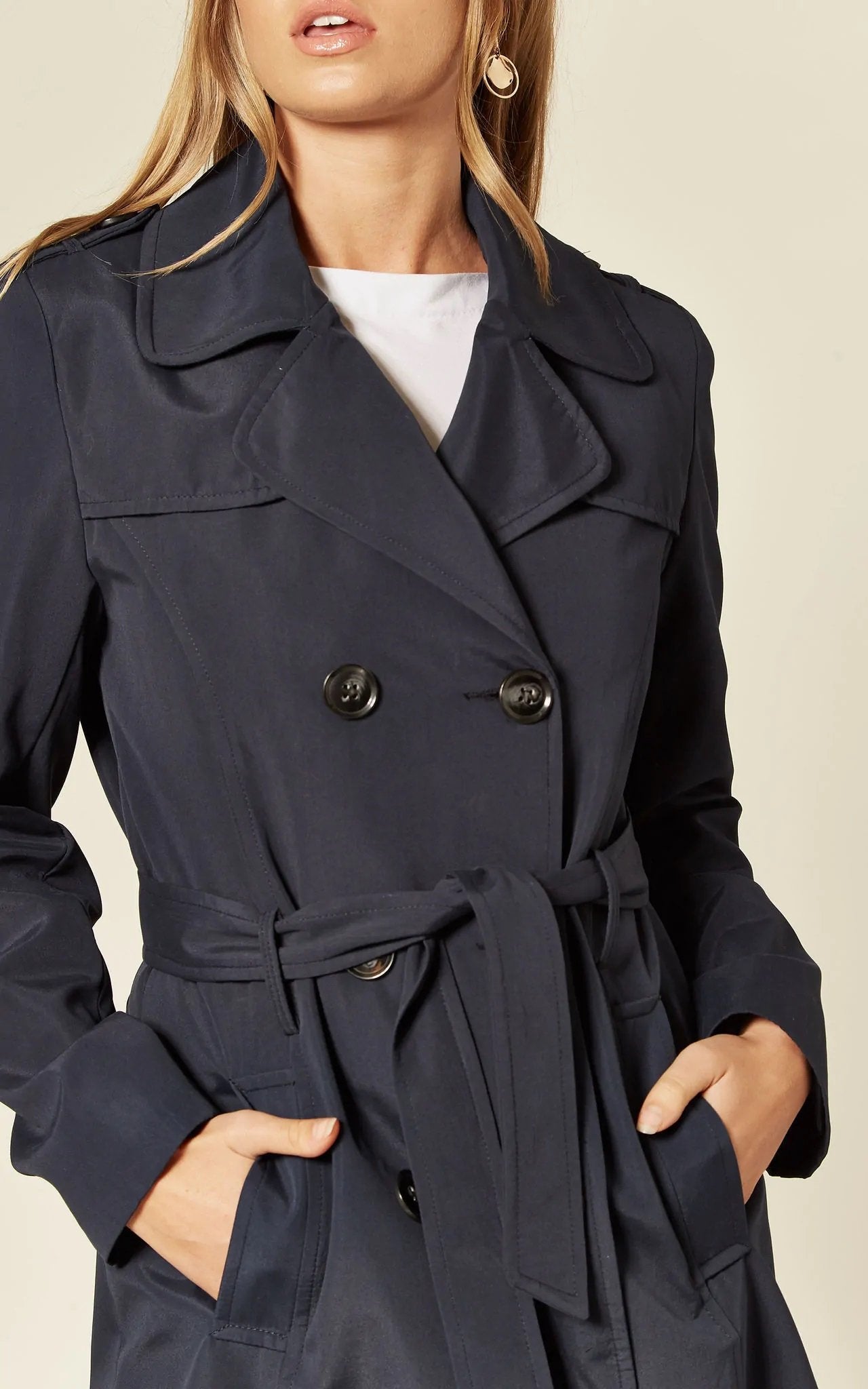 Navy spring/summer military double-breasted trench coat by Rose Eleusis, stylish jacket with front buttons and classic design.