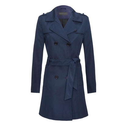 Navy spring/summer military double-breasted trench coat by Rose Eleusis, lightweight jacket with button details and classic design.