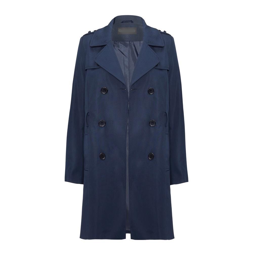 Rose Eleusis military double-breasted trench coat in navy, lightweight spring/summer jacket with classic design and button details.