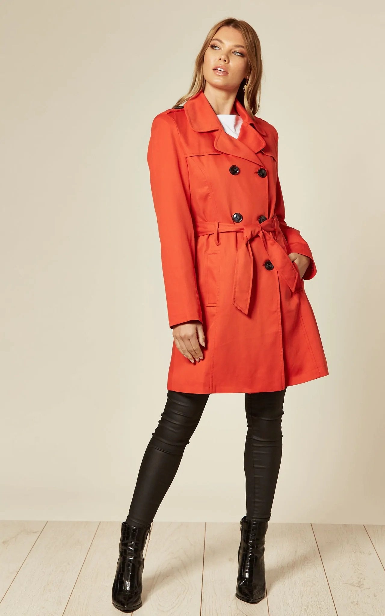 Rose Eleusis military-style double-breasted trench coat for spring and summer, shown in a front view with classic design details.