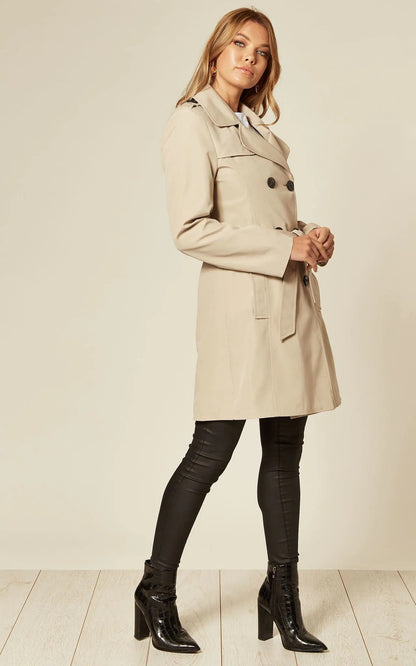 Rose Eleusis spring/summer military double-breasted trench coat in stone color, stylish jackets and coats for versatile wear.
