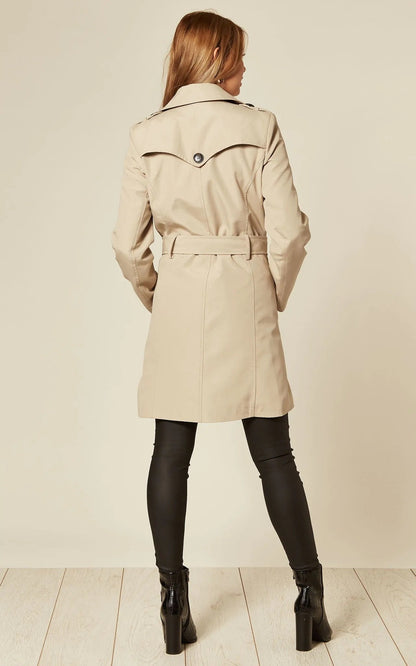 Rose Eleusis military double-breasted trench coat in light stone color, perfect for spring and summer wear.