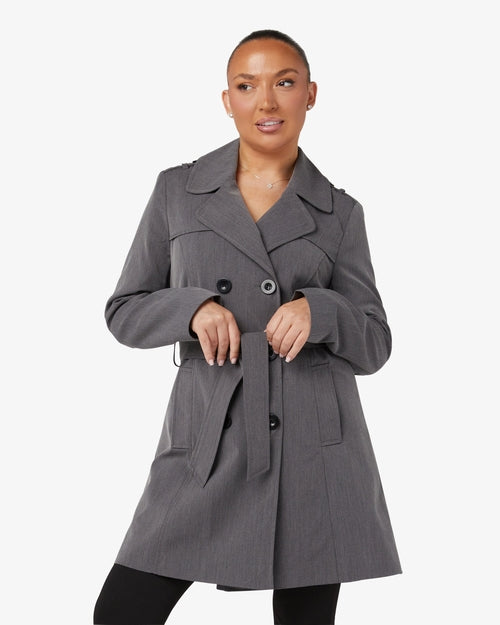 Gray Rose Eleusis military-style double-breasted trench coat for spring and summer, shown on a hanger.