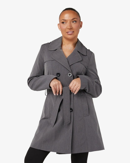 Gray Rose Eleusis military-style double-breasted trench coat for spring and summer, shown on a hanger.