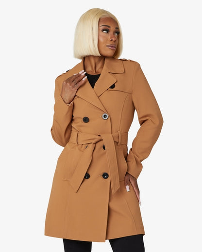 Rose Eleusis spring/summer military double-breasted trench coat in toffee color, featuring classic design and button details.