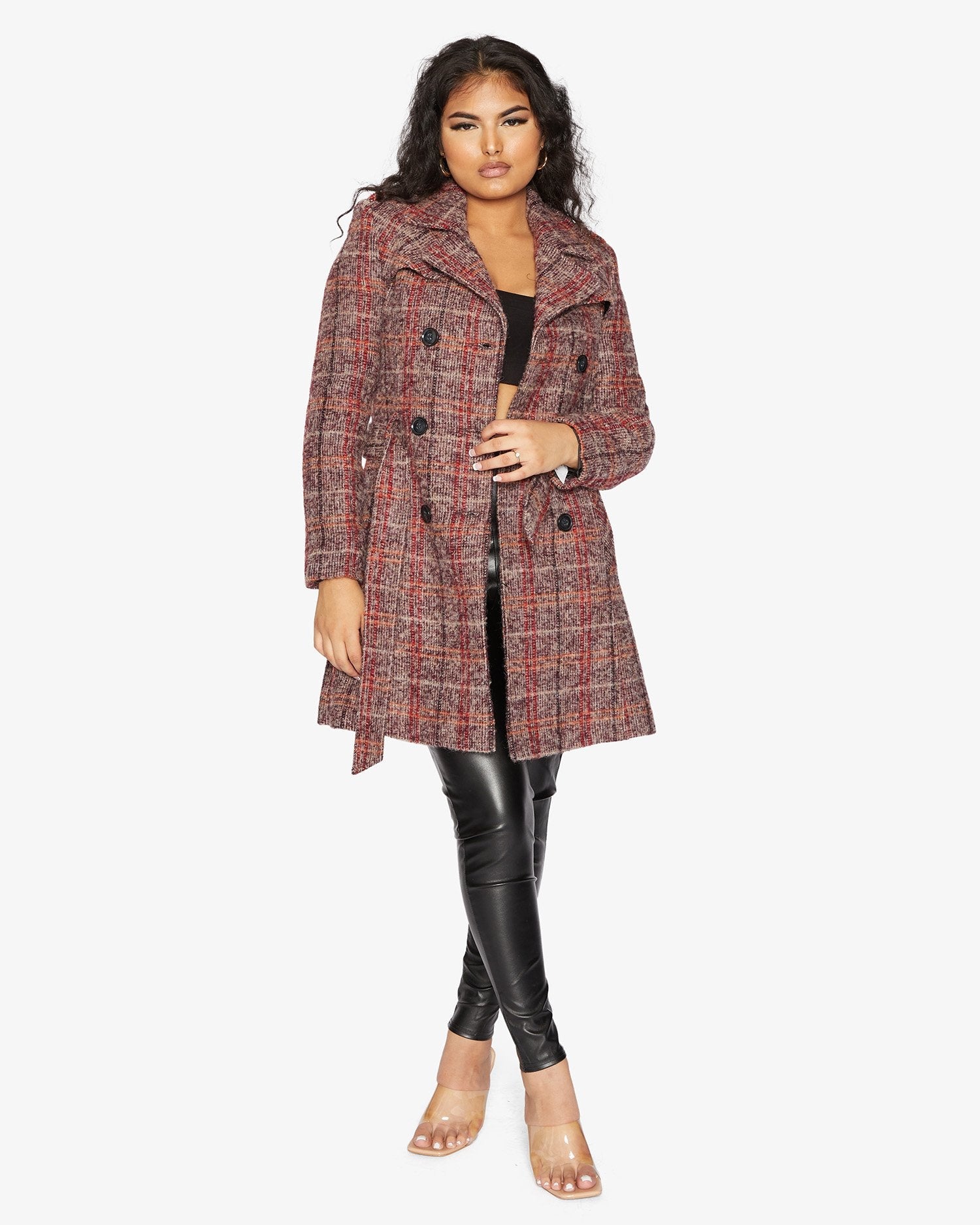 Rose Eleusis wool blend check double-breasted military coat, tailored jacket with classic pattern and structured design.