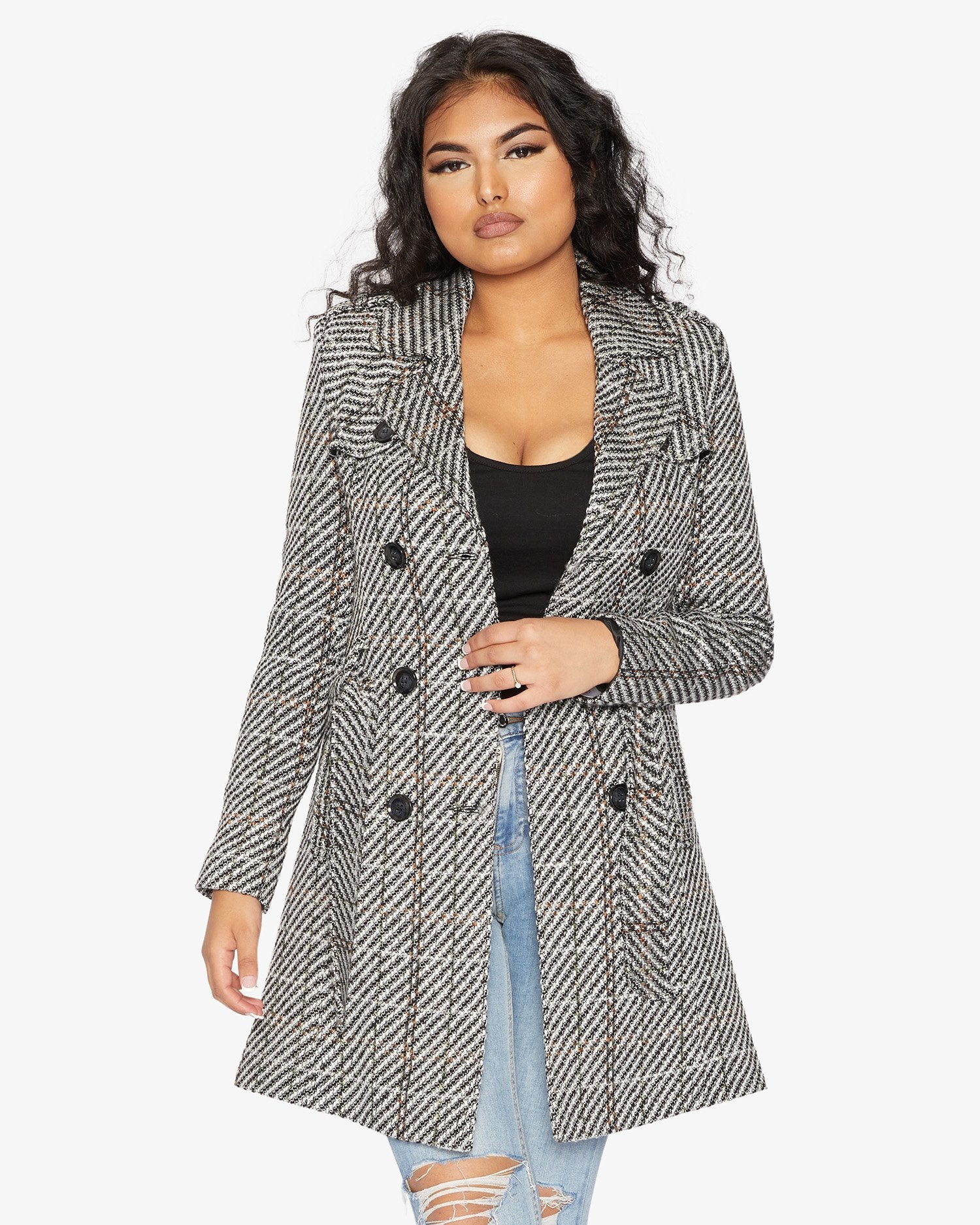 Rose Eleusis wool blend check double-breasted military coat, shown on a hanger, featuring classic pattern and structured design.
