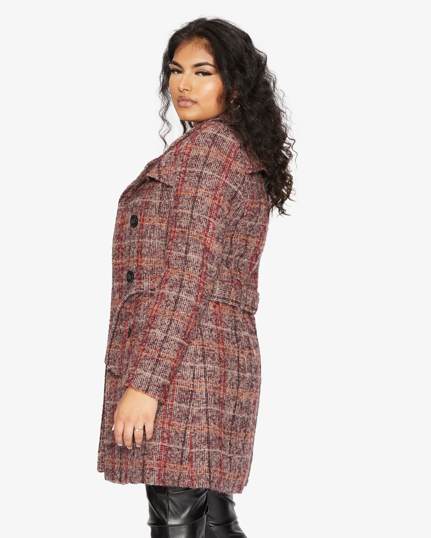 Rose Eleusis wool blend check double-breasted military coat, stylish jacket with classic pattern and structured design.