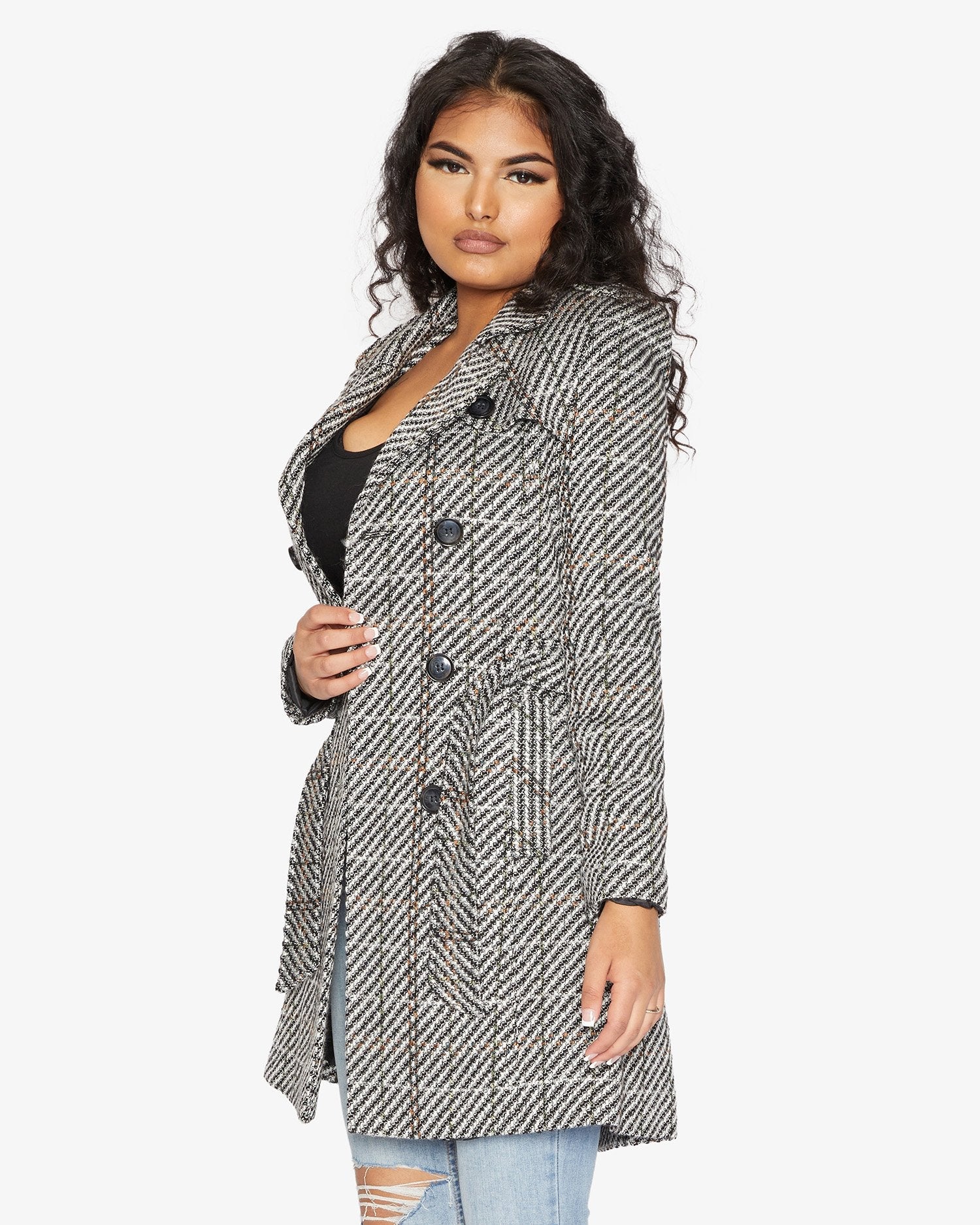 Rose Eleusis wool blend check double-breasted military coat with front buttons and tailored fit, shown on a hanger.