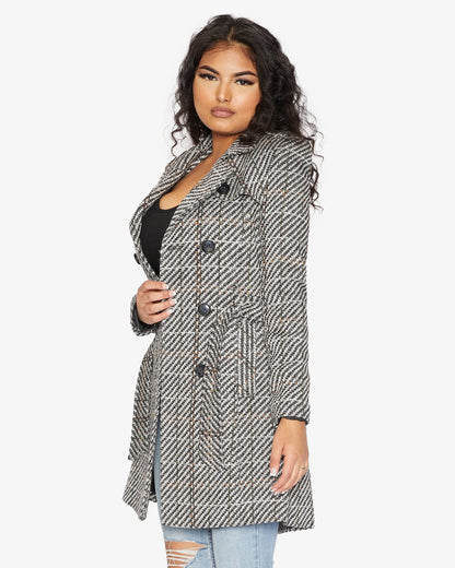 Rose Eleusis wool blend check double-breasted military coat with front buttons and tailored fit, shown on a hanger.