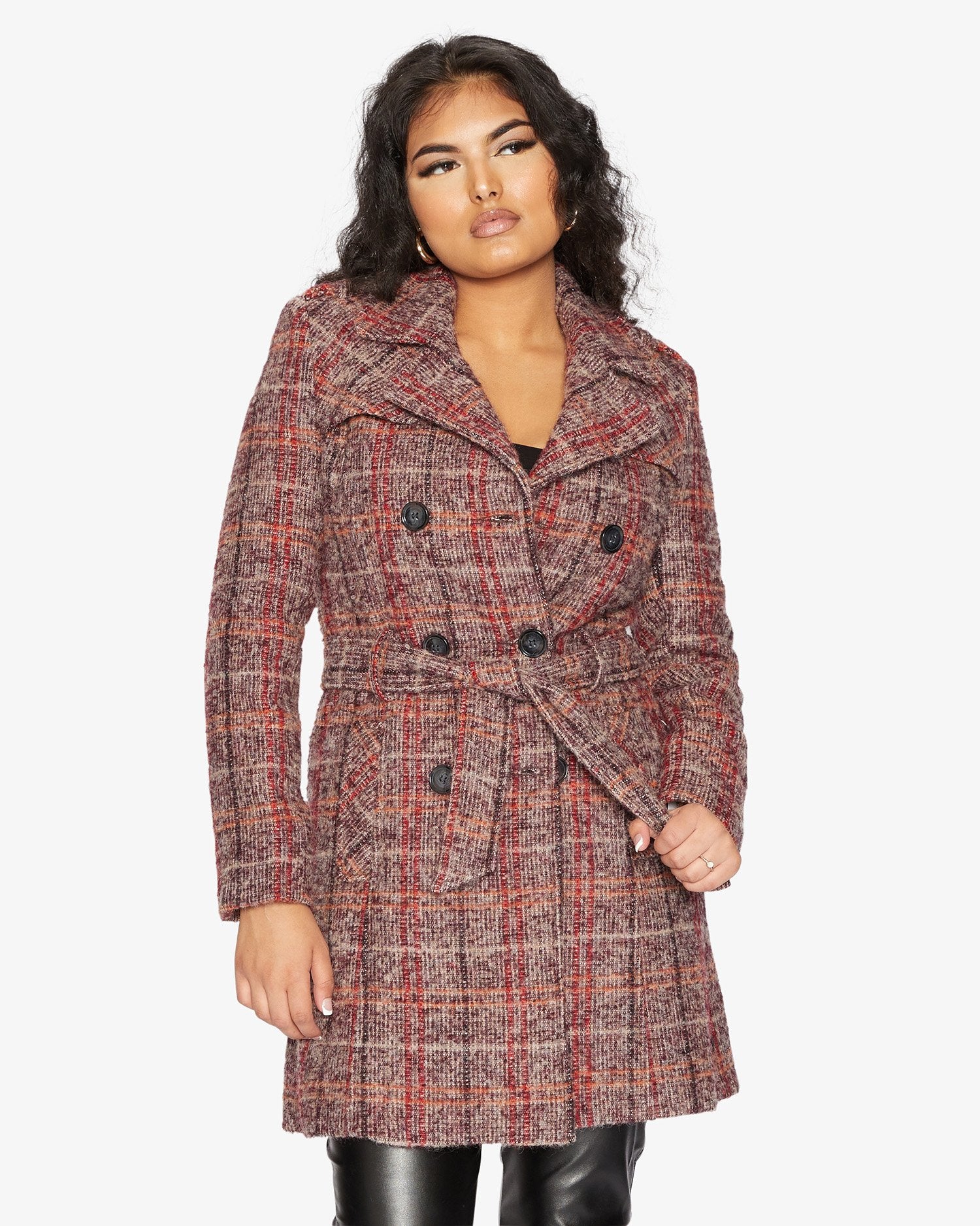 Rose Eleusis wool blend check double-breasted military coat, stylish jacket with classic pattern and structured design.