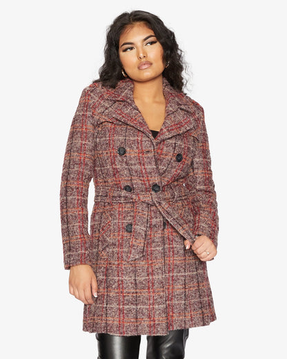 Rose Eleusis wool blend check double-breasted military coat, stylish jacket with classic pattern and structured design.