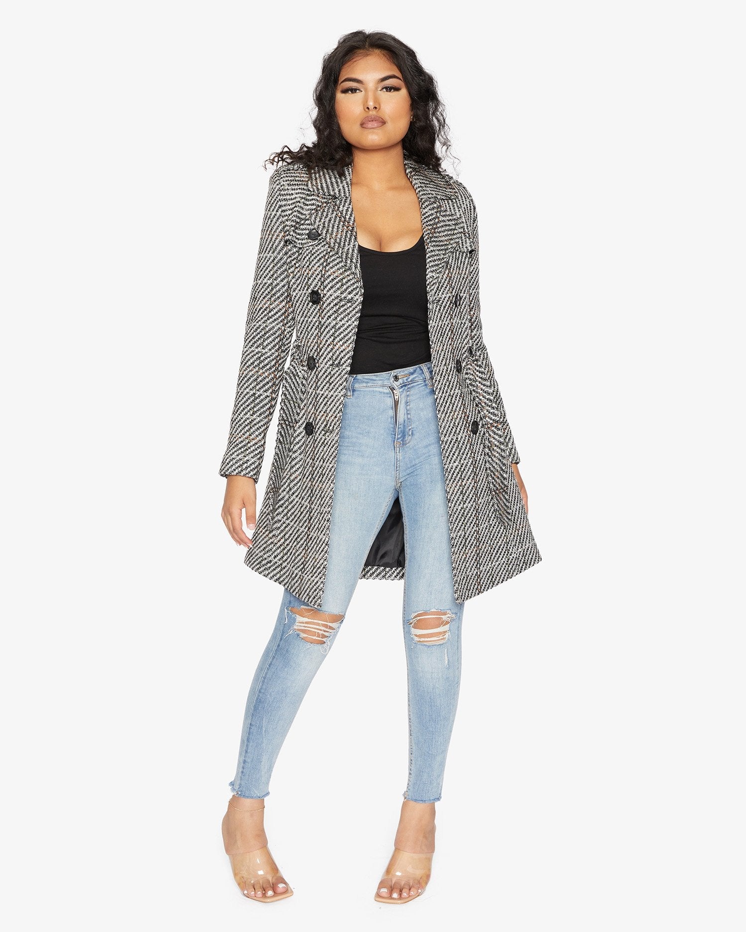 Rose Eleusis wool blend check double-breasted military coat, front view showing button details and classic tailored design.