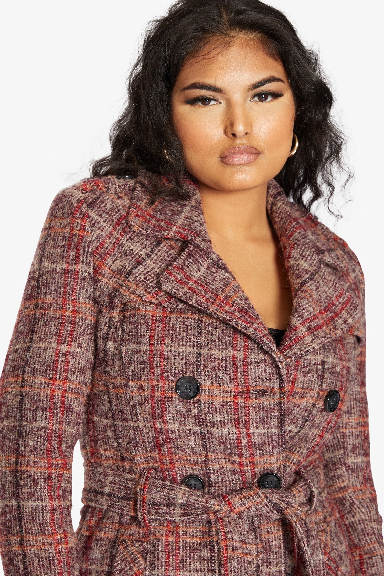 Rose Eleusis wool blend check double-breasted military coat displayed on a hanger, showcasing classic style and tailored details.