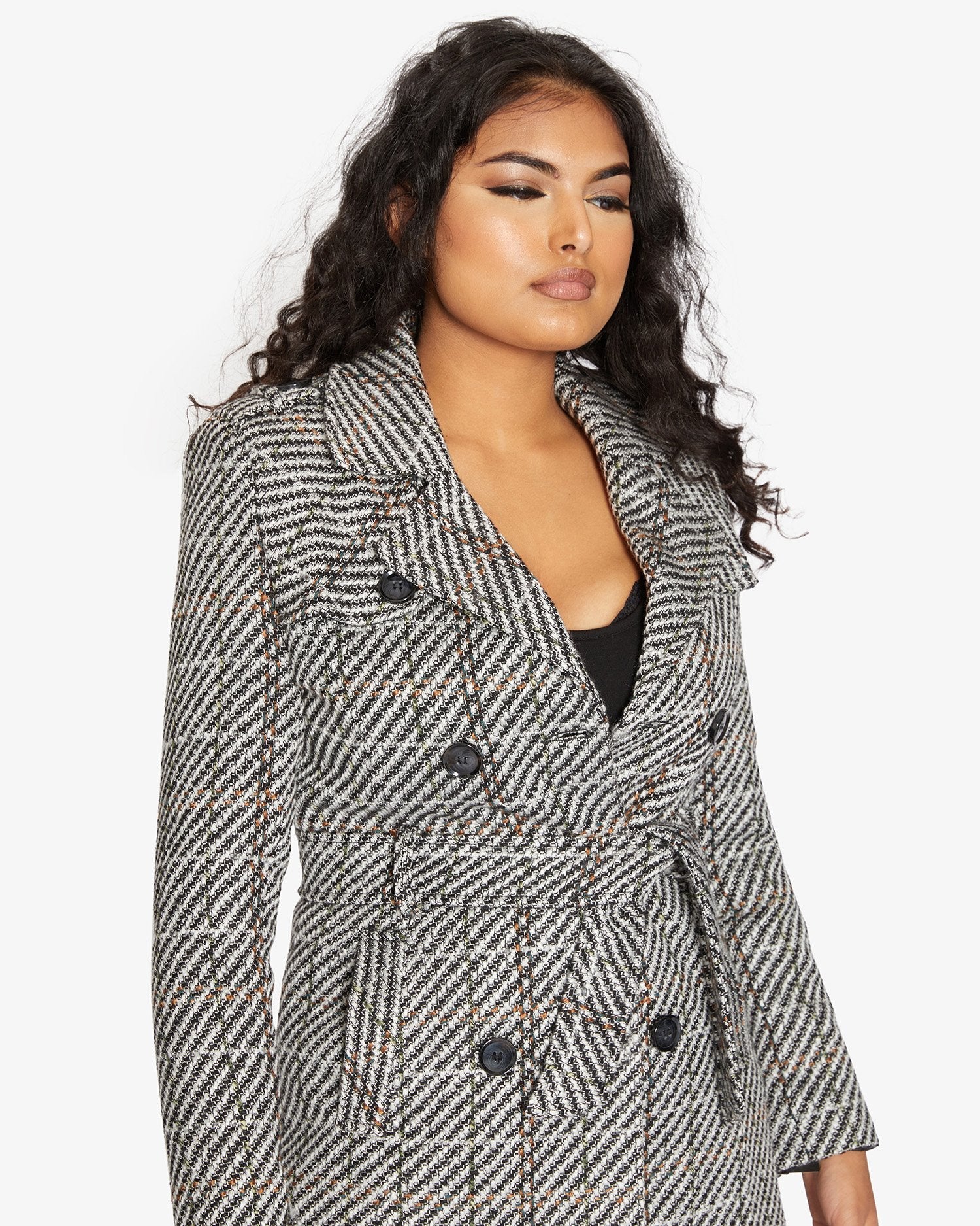 Rose Eleusis wool blend check double-breasted military coat with epaulets and button details, shown on a hanger.