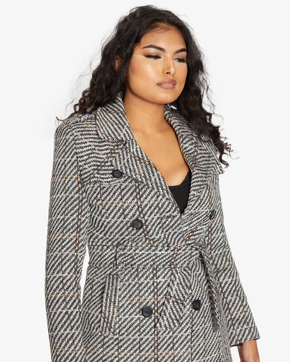 Rose Eleusis wool blend check double-breasted military coat with epaulets and button details, shown on a hanger.