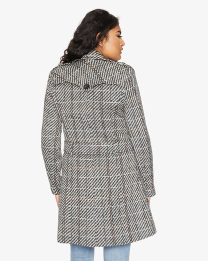 Rose Eleusis wool blend check double-breasted military coat hanging on a wooden hanger. Classic design with button details.