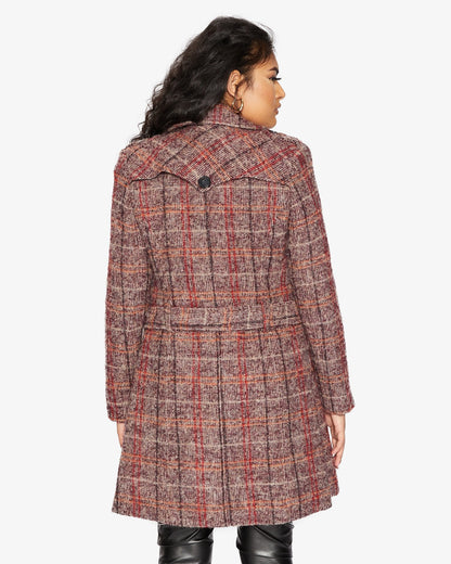 Rose Eleusis wool blend check double-breasted military coat, stylish jacket featuring a classic pattern and tailored design.