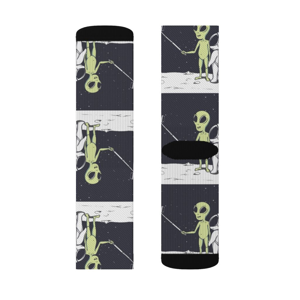 Funny Alien Selfie Socks by Yellow Pandora featuring colorful alien and space-themed designs on soft, comfortable socks.