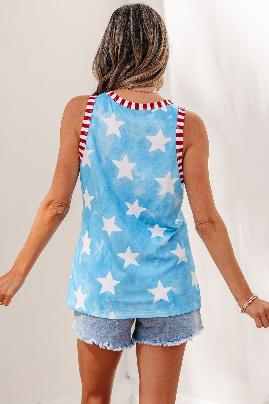 Byzantium Bay Americana stars and stripes trim round neck tank top for women, featuring patriotic red, white, and blue design.