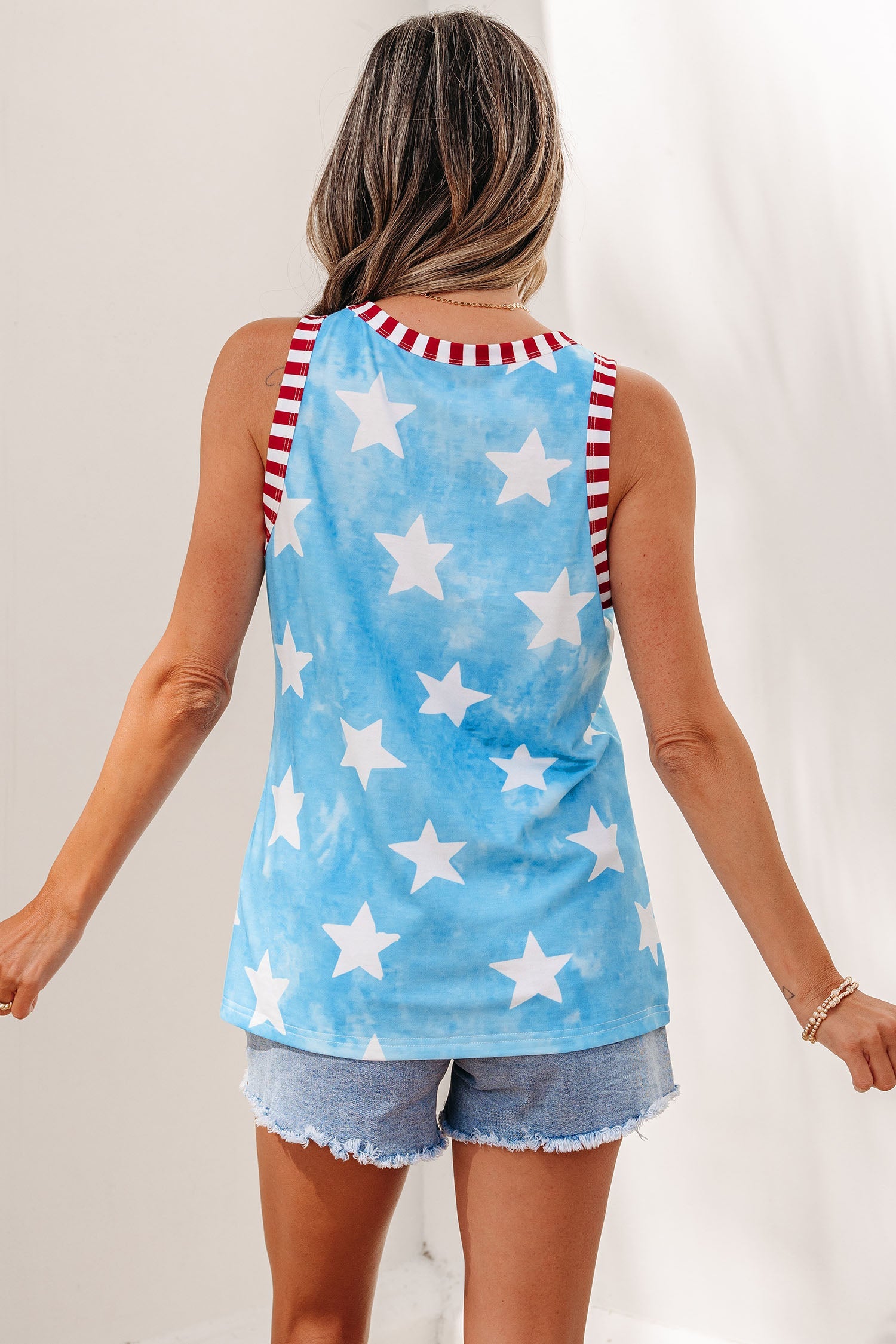 Byzantium Bay Americana stars and stripes trim round neck tank top for women, featuring patriotic red, white, and blue design.