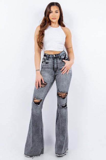 Grey Storm Bell Bottom Jeans by Jade Icarus featuring high-waisted fit and flared leg style.