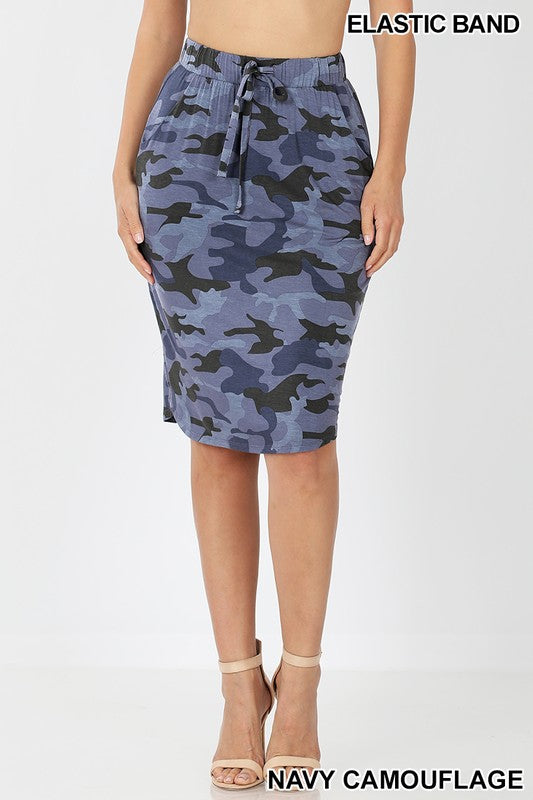 Pink Bearberry camouflage self-tie tulip hem skirt for women, featuring a stylish camouflage pattern and flattering tulip hem design.