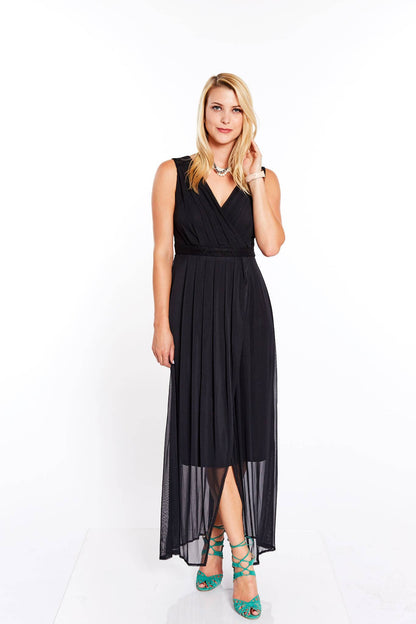 Black pleated maxi dress for women by Violet Aether, flowing design with elegant pleats and a floor-length silhouette.