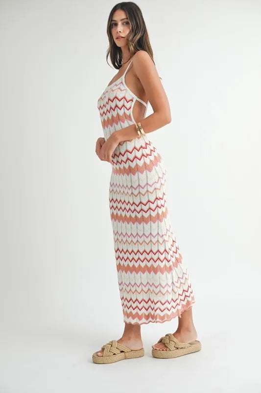 Pear Daisy MABLE lightweight pointelle chevron knit maxi dress, soft fabric, and relaxed fit, perfect for casual wear and home comfort.